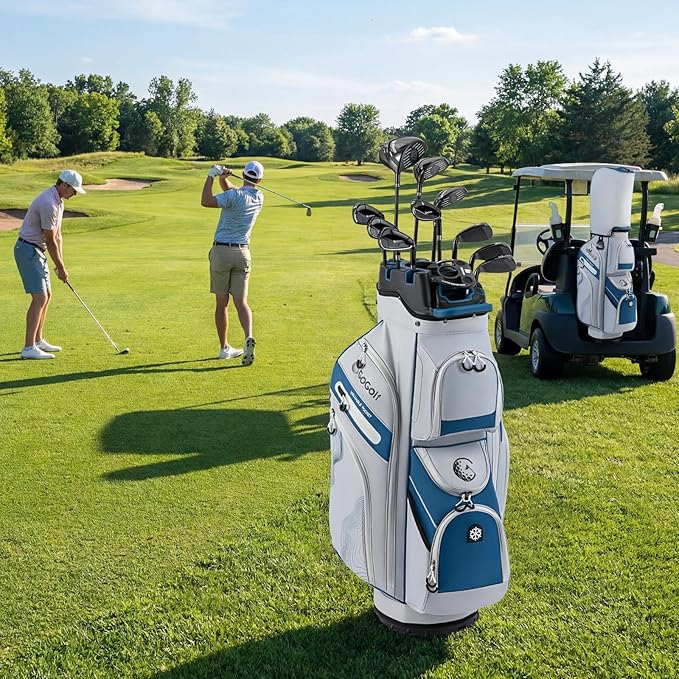 Tangkula Golf Cart Bag with 14-Way Full Length Dividers, 6 Molded Lock Top Golf Club Bag with 11 Pockets, Cooler Bag, Padded Strap, Handles, Umbrella Holder & Rain Hood