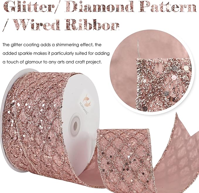 HUIHUANG Rose Gold Glitter Wired Ribbon - Image 2