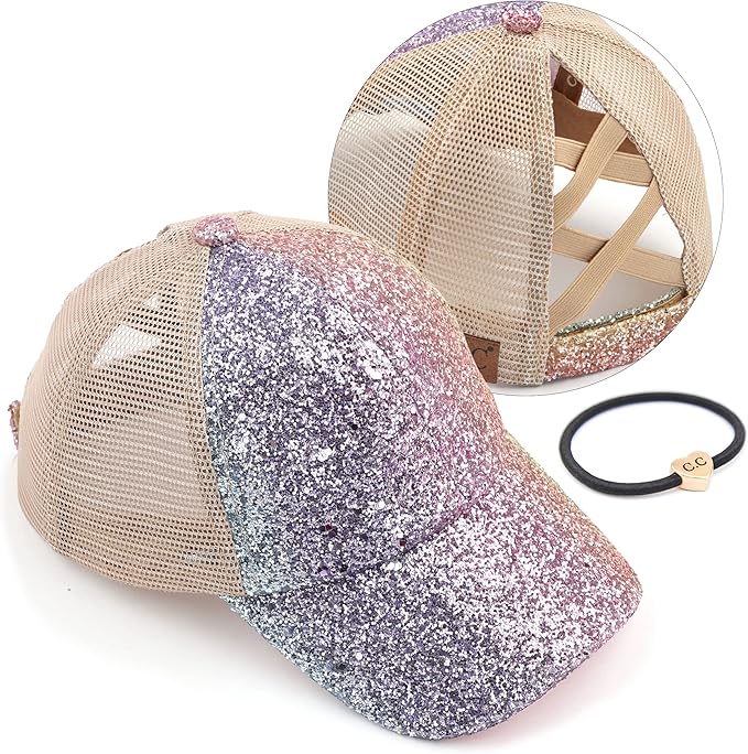 C.C Ponycap Messy High Bun Ponytail Adjustable Glitter Mesh Trucker Baseball Cap