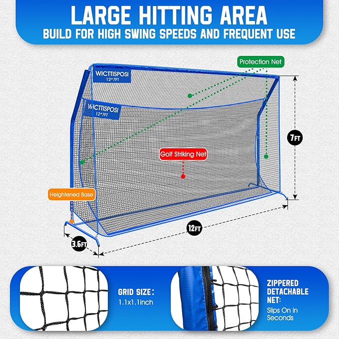 Golf Hitting Net with Extra Striking Net, 10x7ft/7x7ft Heavy Duty Golf Practice Nets for Golfers Backyard Driving Swing, Golf Impact Cage Metal Frame with Storage Bag&Elevated Base, Indoor Outdoor Use