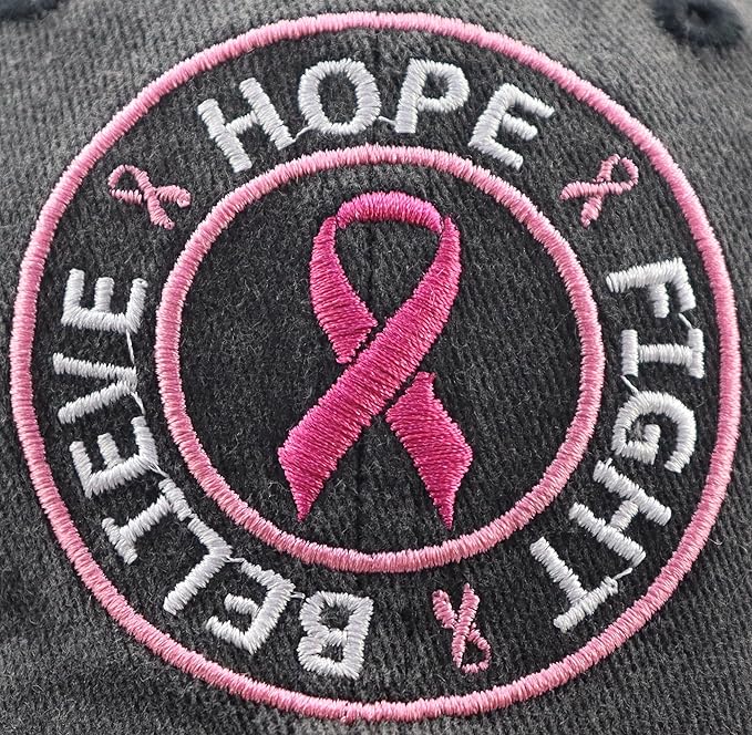 Believe Hope and Fight Hat for Women, Adjustable Cotton Embroidered Pink Ribbon Breast Cancer Baseball Cap