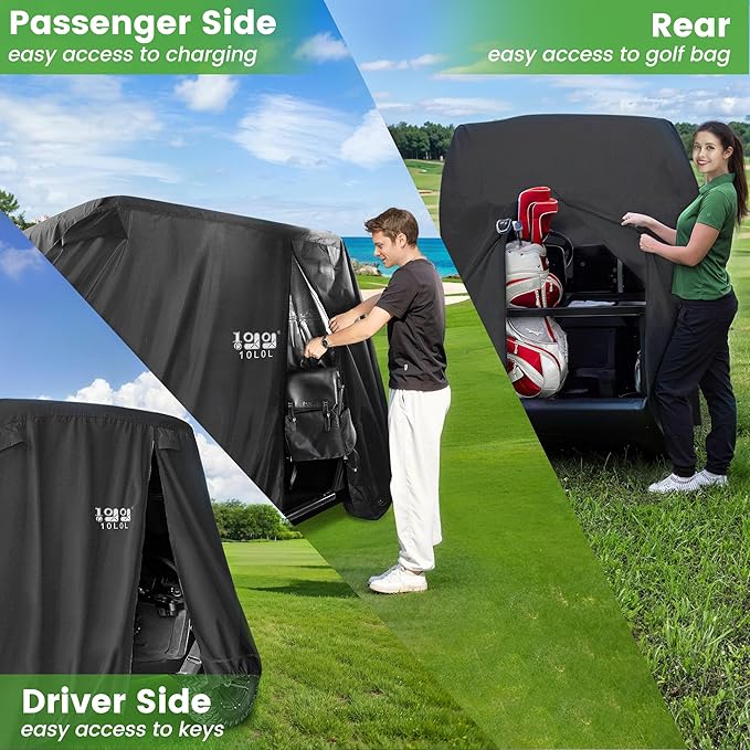 10L0L Golf Cart Cover 2/4/4+2 Passenger for Yamaha EZGO Club Car, Heavy Duty 420D Waterproof Windproof Durable Oxford Golf Cart Cover with 3 Zipper Doors for All-Weather Protection (Black/Silver)