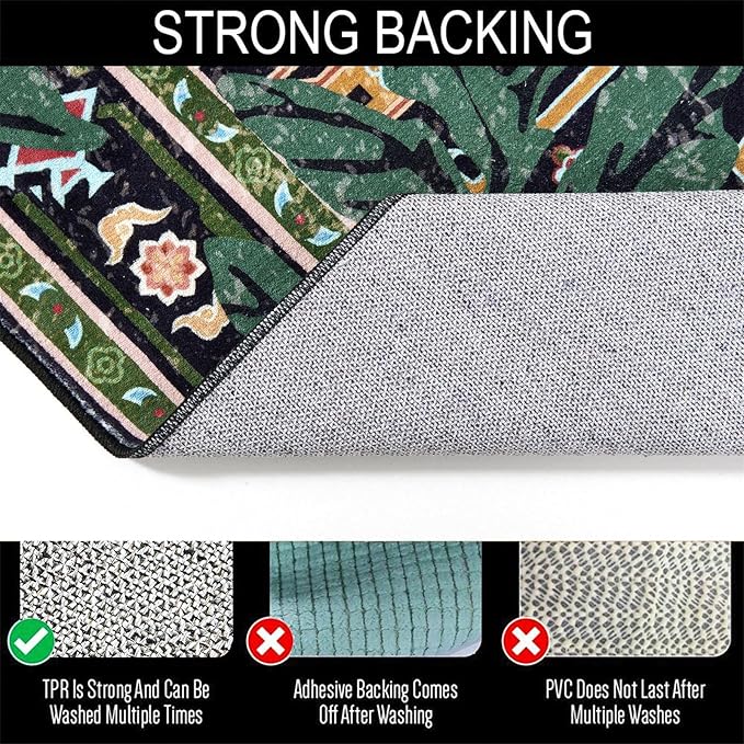 Oriental Tropical Washable Rugs, Stain Resistant Black Boho Vintage Distressed - Image 3