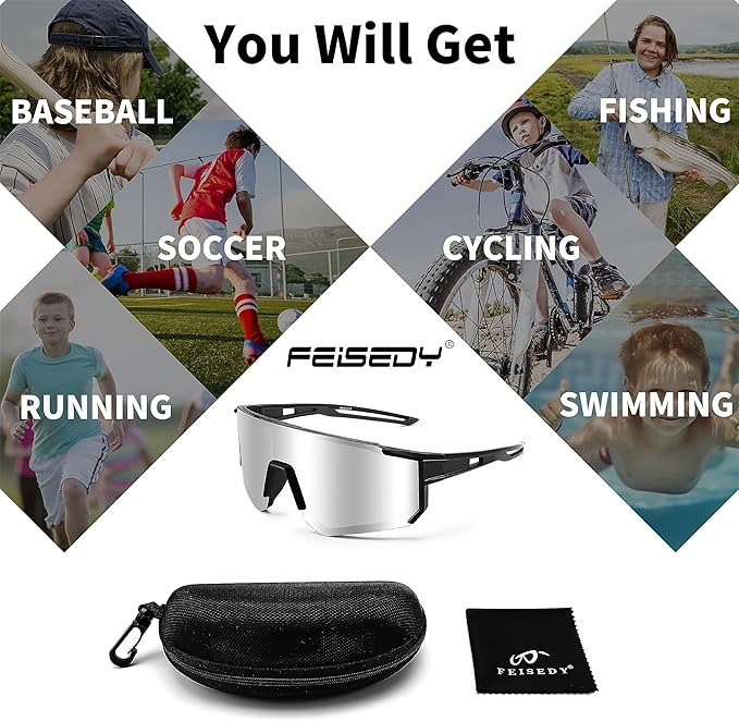 FEISEDY Kids Sunglasses Youth Baseball Sun Glasses, UV400 Sports Teens Cycling Shades for Boys Girls Age 8-16 B0048