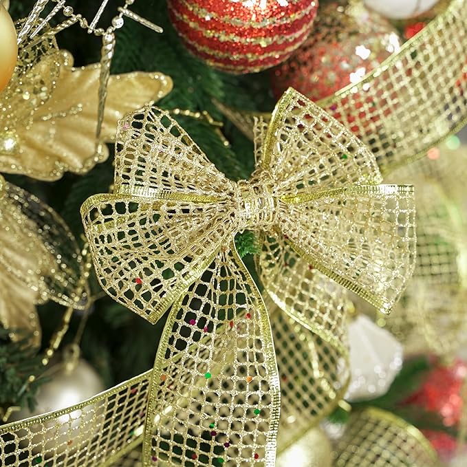 MEEDEE Gold Glitter Ribbon Gold Christmas Ribbon 2.5 Inch Square Mesh Net Wired - Image 5