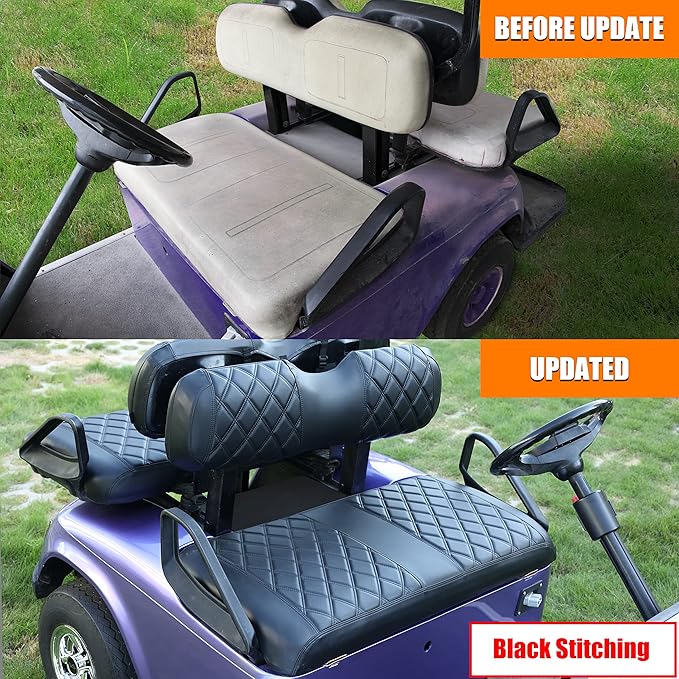 NOKINS Golf Cart ET Front Seat Covers Suitable for EZGO TXT 1994-2013/EZGO RXV OEM Standard Front Seat Cushion, No Stapler Required, Golf Cart Vinyl Replacement Seat Cover Black Stitching