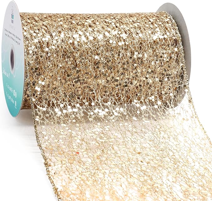CT CRAFT LLC Sparkling Glitter Mesh Wired Ribbon 6" x 10 Yards Champagne Gold by CTCRAFTLLC