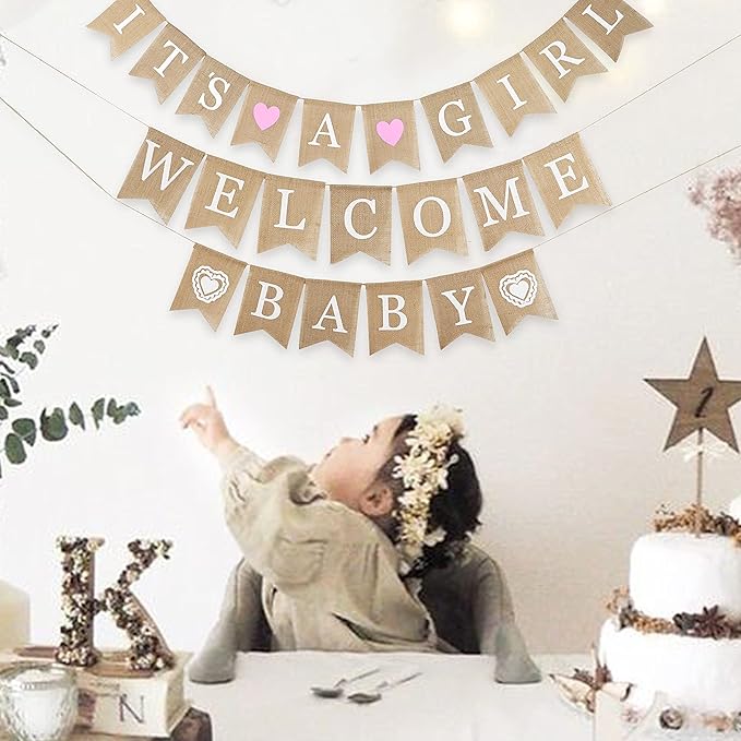 MEEDEE Burlap Banner Welcome Baby Girls Banner Rustic Baby Shower Party Favors - Image 7