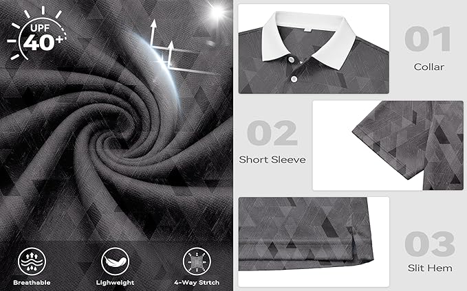 KUYIGO Mens Polo Shirt Quick Dry Moisture Wicking UPF 40+ Performance Printed Short Sleeve Summer Tennis Golf Shirt