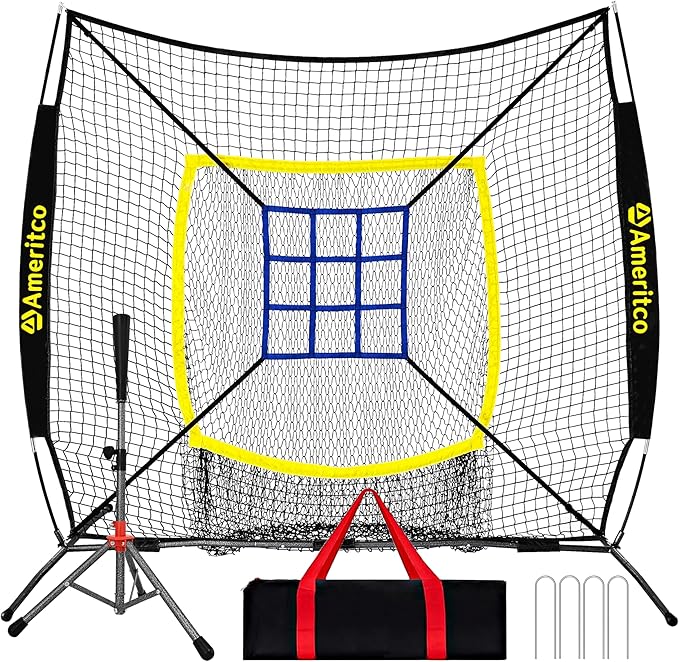 Baseball Net，7x7ft Baseball Practice Net with Tee and Target, Large Pocket Sports net for Hitting/Batting/Pitching/Throwing,Scratch Resistant Base, Versatile Use for All Levels