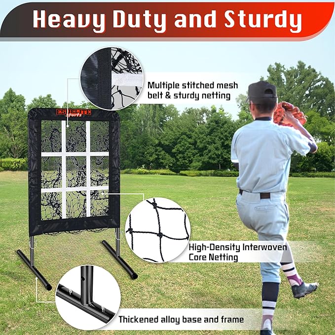 9 Hole Pitching Net with Strike Zone, Baseball Softball Pitching Target – Adjustable Height Portable Indoor Outdoor Training Equipment for Pitchers of All Levels, Coaches, and Players