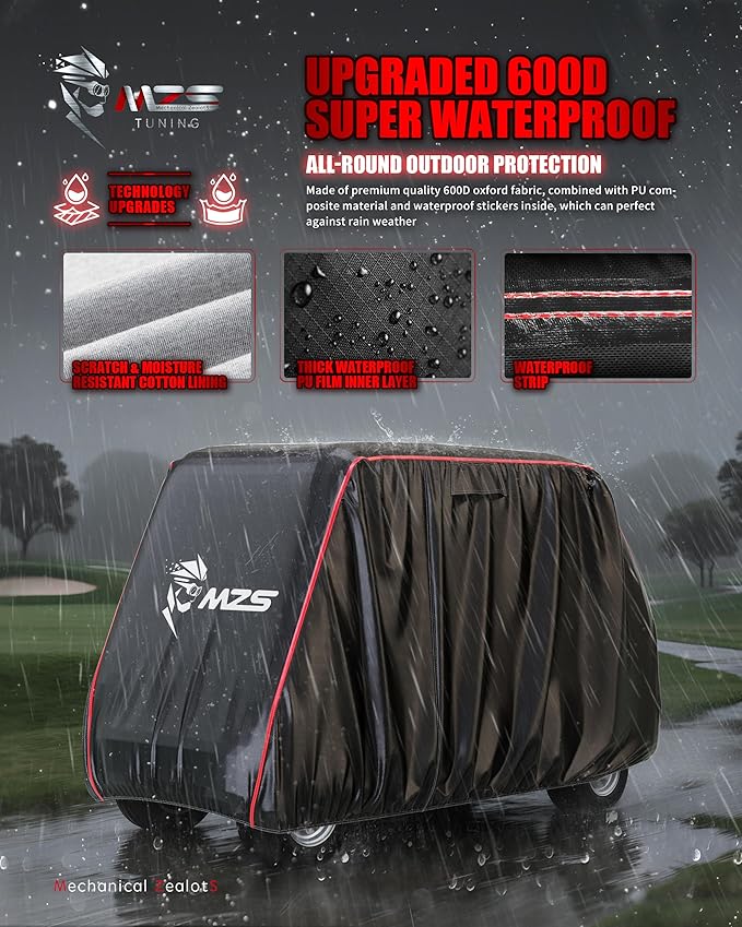 MZS Golf Cart Cover Compatible with 2/4/4+2 Passenger Car, Heavy Duty 600D Waterproof Golf Cart Covers Outdoor Accessories with Zipper Cotton Wind Sun Rain Proof Reflective Vents