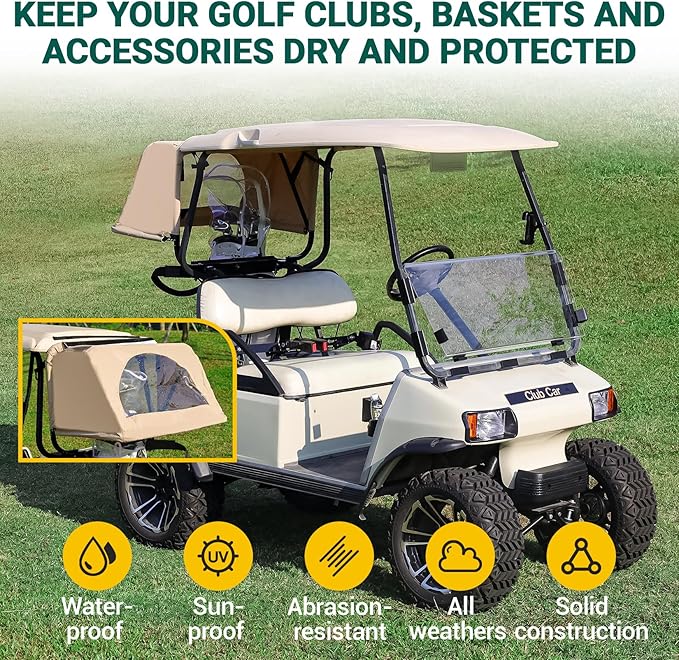DRIVE UP Golf Cart Rear Bag Rain Cover for Most Yamaha Club Car EZGO Golf Carts, Black/Beige Heavy-Duty Golf Rear Rain Shelter with Bracket Kit