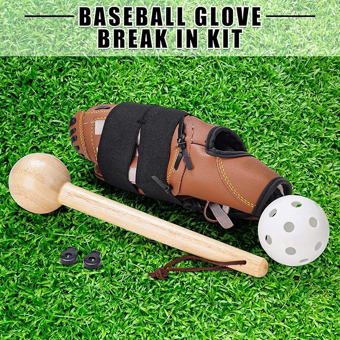 Baseball Glove Break-in kit for Men & Adult, One-Piece Structure Baseball Glove Mallet, Baseball Mitts Wooden Shaping Hammer, Softball Glove Wrap Band, Plastic Practice Ball & Glove Locks
