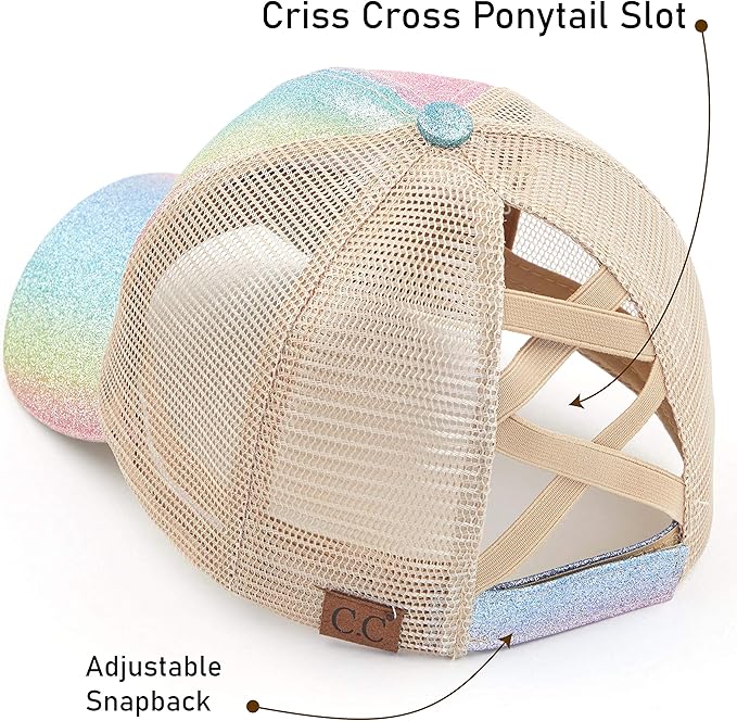 C.C Ponycap Messy High Bun Ponytail Adjustable Glitter Mesh Trucker Baseball Cap