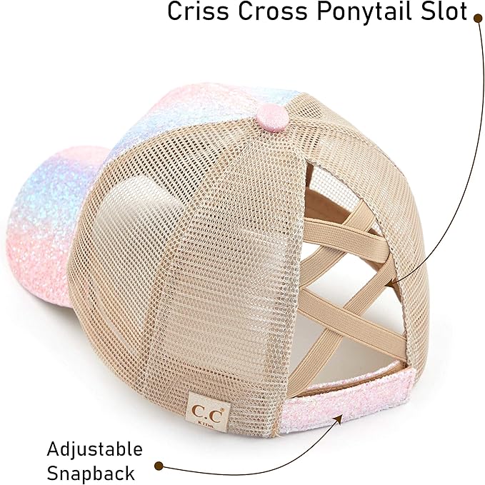 C.C Ponycap Messy High Bun Ponytail Adjustable Glitter Mesh Trucker Baseball Cap