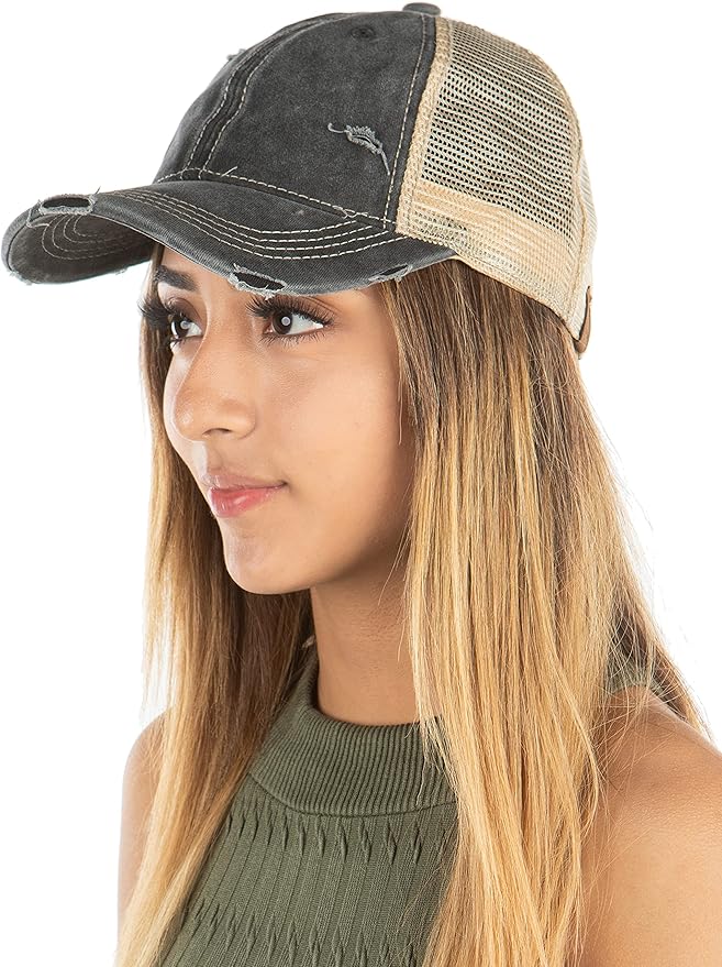 Funky Junque Trucker Hat for Women – Distressed Low Profile Western Camo Baseball Cap with Mesh, Trendy and Adjustable Fit