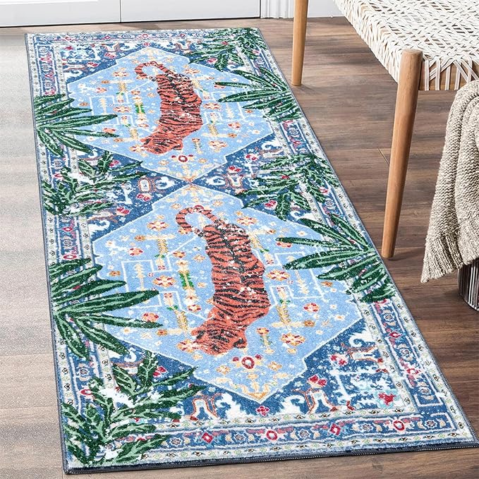 Oriental Tropical Hallway Runner Rug 2x8 Washable, Thin Stain Resistant Blue - Image 2