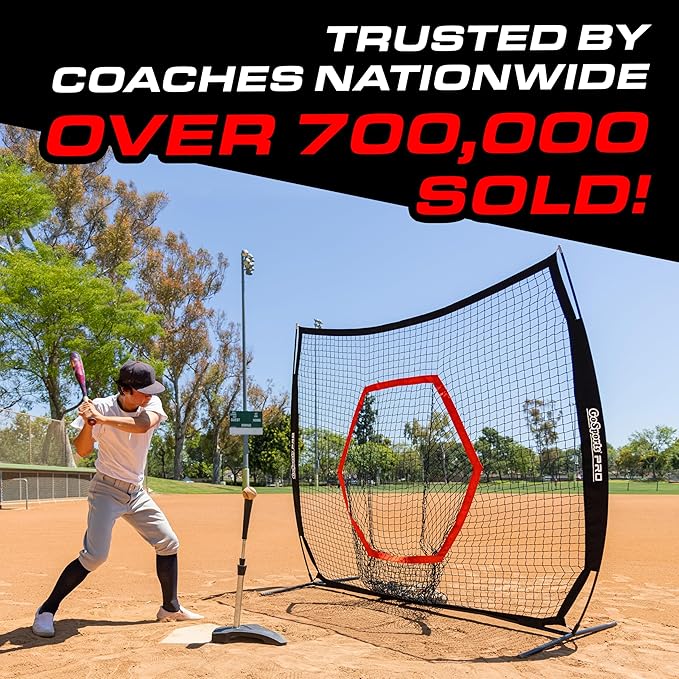 GoSports 7 ft x 7 ft Baseball & Softball Nets - Red, Black, or PRO -Practice Hitting & Pitching Net with Bow Type Frame, Carry Bag and Strike Zone, Great for All Skill Levels