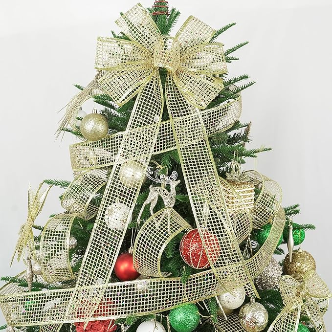 MEEDEE Gold Glitter Ribbon Gold Christmas Ribbon 2.5 Inch Square Mesh Net Wired - Image 6