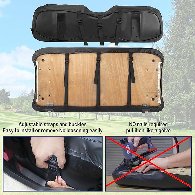 NOKINS Golf Cart ET Front Seat Covers Suitable for EZGO TXT 1994-2013/EZGO RXV OEM Standard Front Seat Cushion, No Stapler Required, Golf Cart Vinyl Replacement Seat Cover Black Stitching