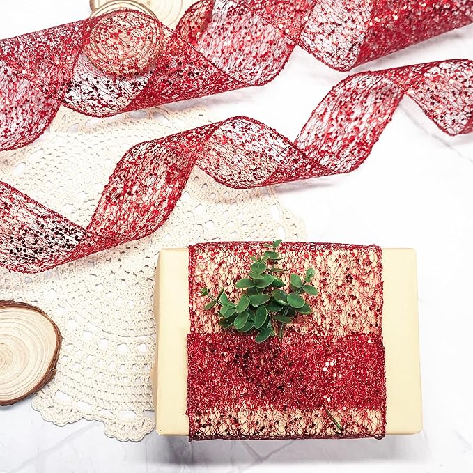 CT CRAFT LLC Sparkling Glitter Mesh Wired Ribbon 4" x 10 Yards Red - Image 7