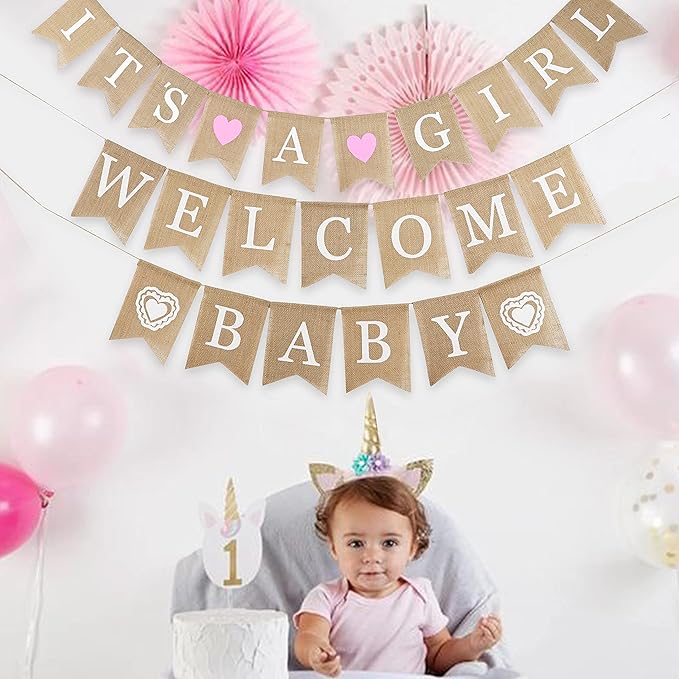 MEEDEE Burlap Banner Welcome Baby Girls Banner Rustic Baby Shower Party Favors - Image 5
