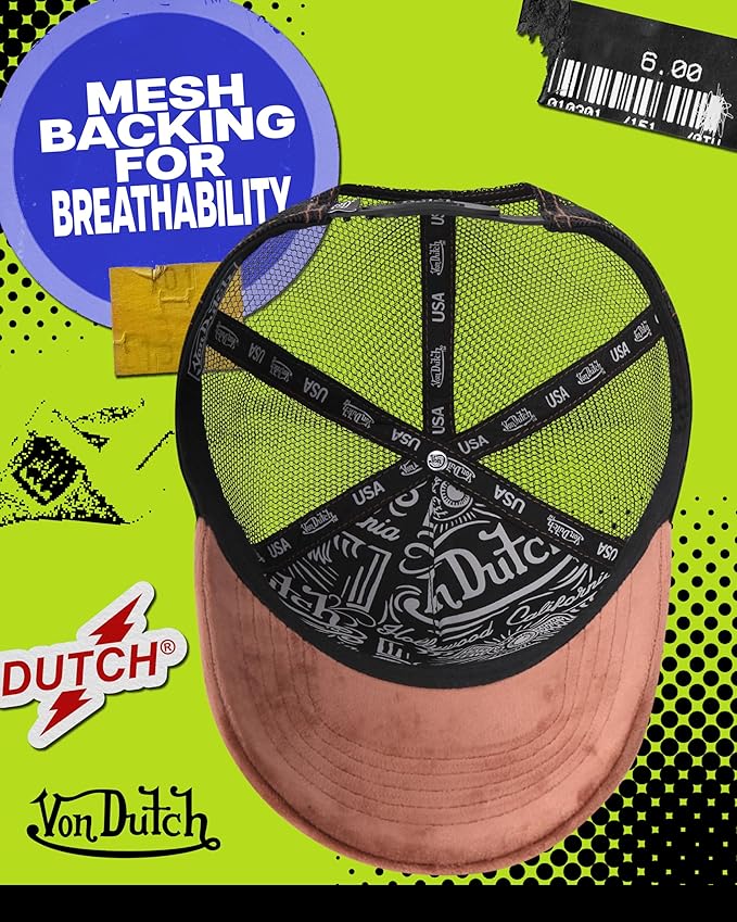 Von Dutch Unisex Trucker Hat - Velvet Curved Bill Mesh Back Retro Classic Adjustable Snapback Baseball Cap for Men and Women