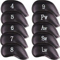 All Teed Up Premium Magnetic Leather Iron and Wedge Golf Club Head Covers | Set of 10 | Fits Most Clubs | Embroidered Club Label on Both Sides of Club Head Cover