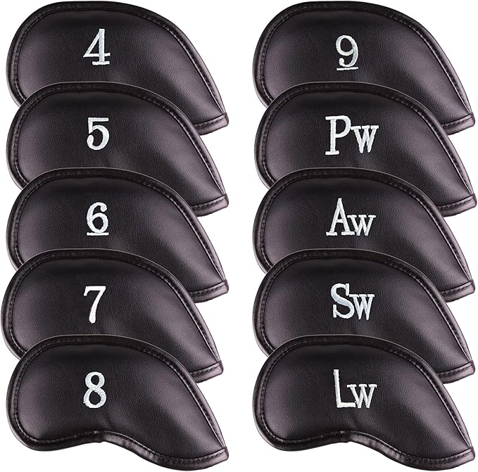 All Teed Up Premium Magnetic Leather Iron and Wedge Golf Club Head Covers | Set of 10 | Fits Most Clubs | Embroidered Club Label on Both Sides of Club Head Cover