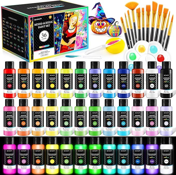 52 PCS Classic & Pastel & Glow in the Dark Acrylic Paint Set by POPYOLA