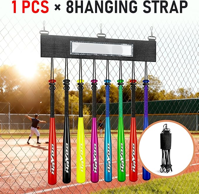 1Pcs Dugout Organizer, Baseball Softball Bat Holder Wall Mount with 3 Fence Hooks 8 Hanging Strap and Name Tag, Bat Rack Accessories for Dugout Fence Team Coach Players Gifts