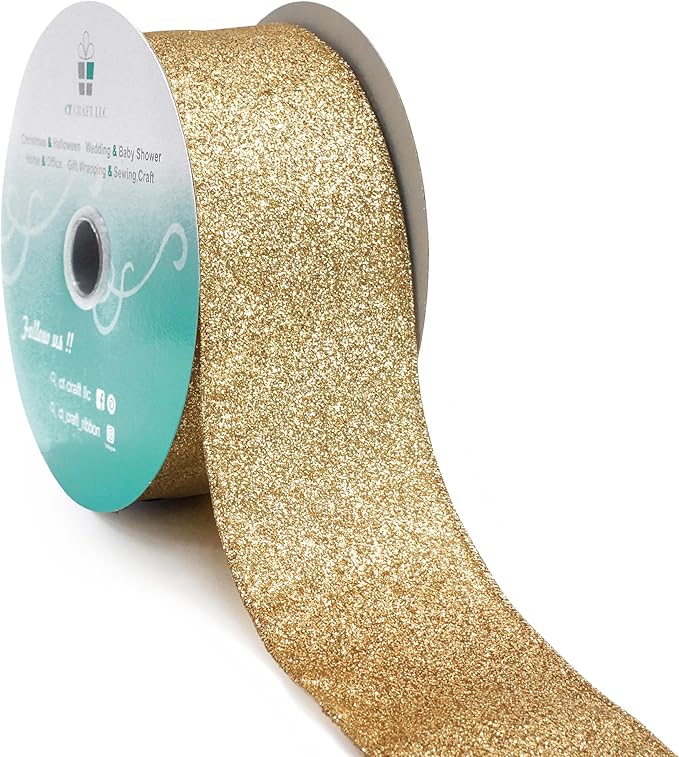 CT CRAFT LLC Glitter Wired Ribbon 2.5" x 20 Yards Light Gold by CTCRAFTLLC