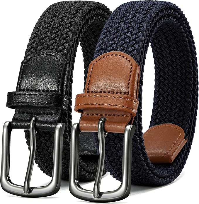 CHAOREN Stretch Belt Men 2 Pack - 1 3/8" Braided Golf Belts For Men - Casual Elastic For Pants and Jeans