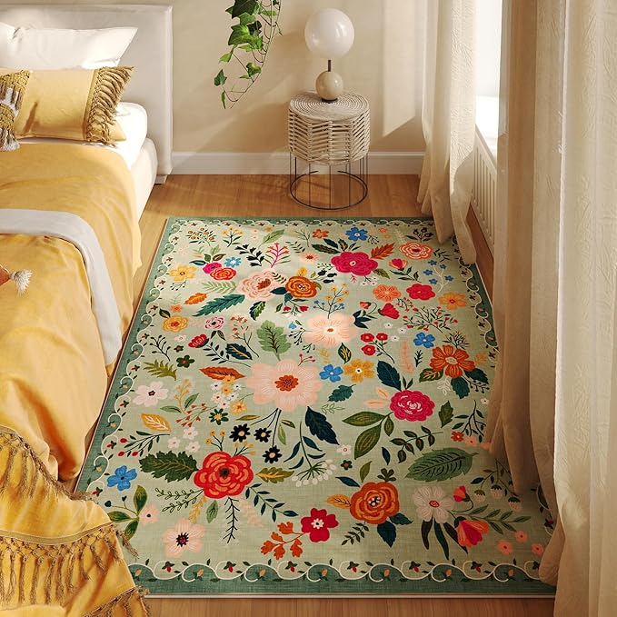 Rugcomf Bedroom Rug 3x5 Rug Washable Area Rug Non Slip Low Pile Boho Floral by Rugcomf