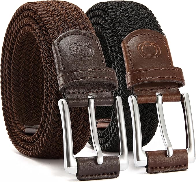 CHAOREN Stretch Belt Men 2 Pack - 1 3/8" Braided Golf Belts For Men - Casual Elastic For Pants and Jeans