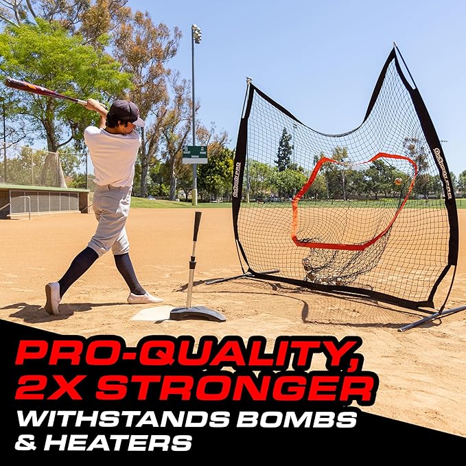 GoSports 7 ft x 7 ft Baseball & Softball Nets - Red, Black, or PRO -Practice Hitting & Pitching Net with Bow Type Frame, Carry Bag and Strike Zone, Great for All Skill Levels