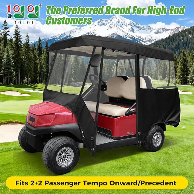10L0L 2/4/8 Passenger Golf Cart Enclosure for Club Car Precedent/Tempo/Onward, 600D Waterproof Golf Cart Rain Cover, Driving Enclosure with 4-Sided Clear Windows Roll-up Door Black -Roof 58"-141"