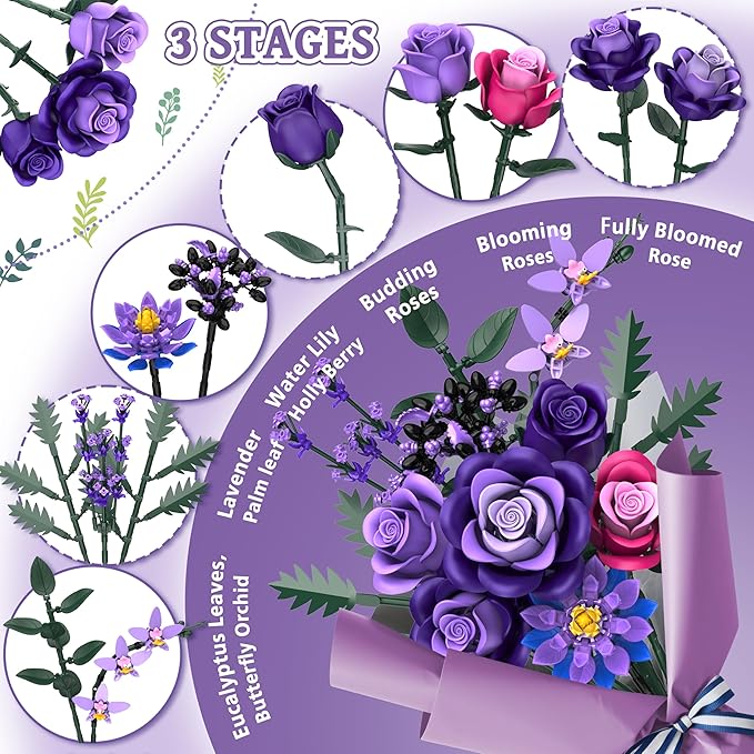 Purple Roses Flower Bouquet Building Sets, Gifts - Image 3