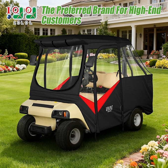 10L0L Golf Cart Driving Enclosure for Club Car DS 2+2 Passenger Short Roof Waterproof Windproof Heavy Duty 600D Rain Cover with 4-Sided Clear Windows & Durable Door Zipper, All-Weather Protection Red