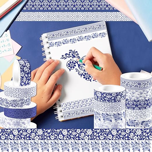 12 Pcs blue and white porcelain Washi Tape Maple Leaf Print Masking Tape - Image 7