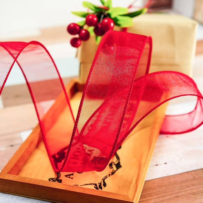 CT CRAFT LLC Sheer Organza Wired Ribbon 1.5" x 50Yards Red - Image 5