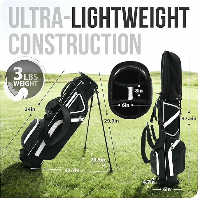 Ultra-Lite Golf Stand Bag - 3 Lbs, 4 Way Divider Portable Golf Club Carry Bag, Water-Repellent Golf Travel Case with Rain Hood, Golf Gifts for Men and Women