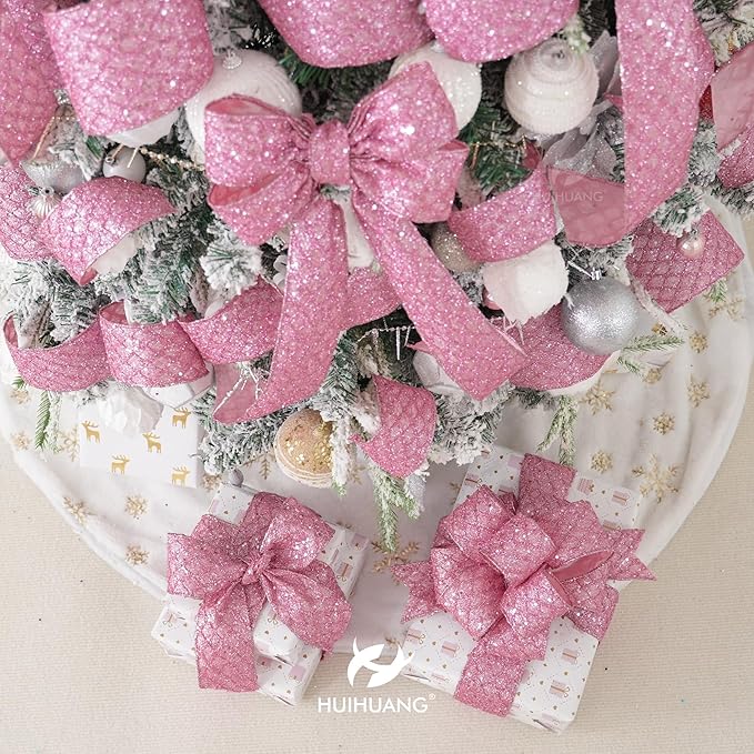 HUIHUANG Pink Wired Christmas Ribbon 4 inch Light Pink Glitter Wired Ribbon - Image 4