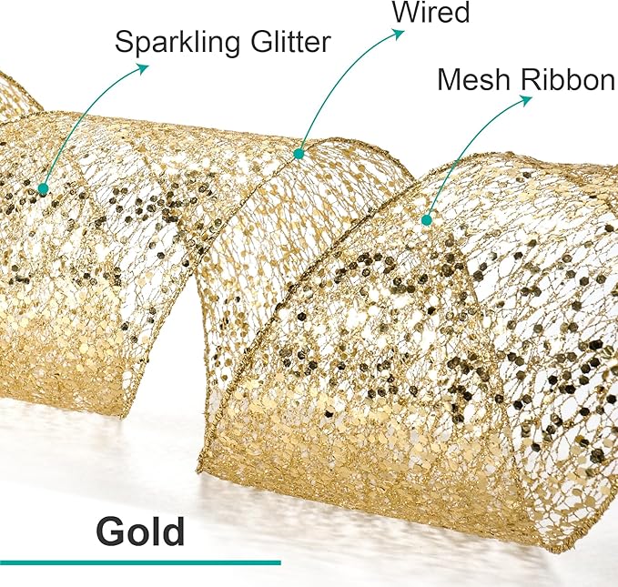 CT CRAFT LLC Sparkling Glitter Mesh Wired Ribbon 4" x 10 Yards Gold - Image 3