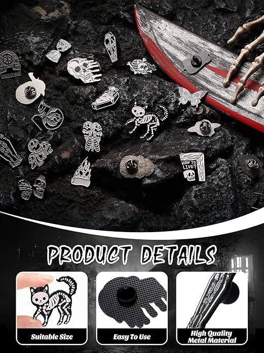 BBTO 20 Pieces Enamel Pins Skull Spooky Skeleton Enamel Pins Set Black - Image 2