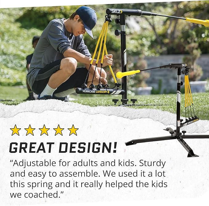 SKLZ Hurricane Baseball and Softball Swing Trainer, Adjustable Power Band System with Anti-Dent Ball Head, Height 23 to 38 Inches, Solo Hitting Practice for Youth Ages 14 and Under
