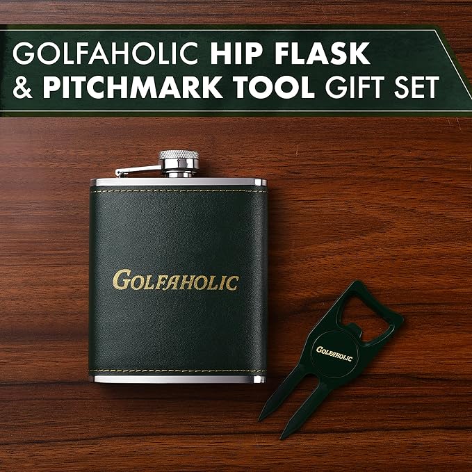 Shanker Golf - Hip Flask & Divot Tool Golf Gift Set - Golfaholic Hip Flask & 4-in-1 Divot Tool Set - Funny Golf Gifts for Men - Ball Marker, Groove Cleaner & Bottle Opener