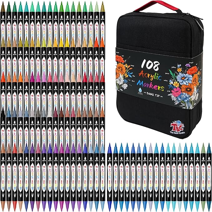 TBC The Best Crafts 108 Colors Dual Tip Acrylic Paint Markers, Double zipper by TBCTheBestCrafts