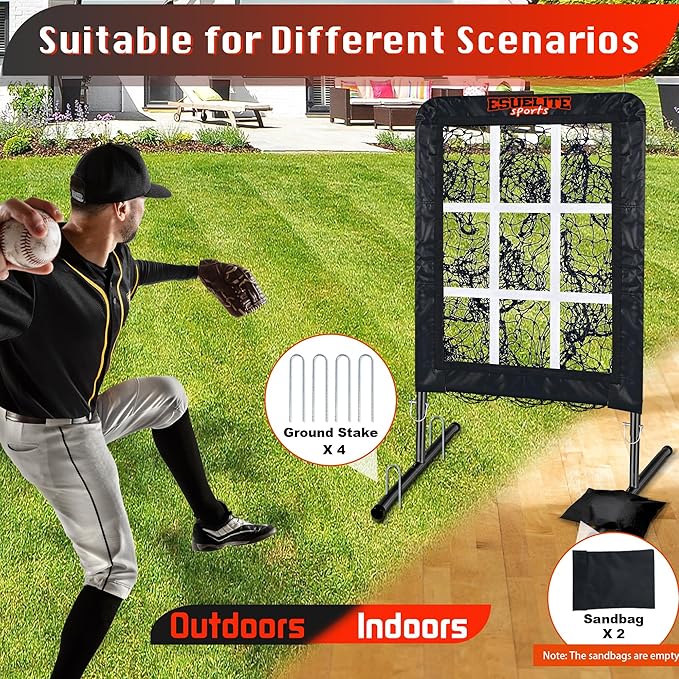 9 Hole Pitching Net with Strike Zone, Baseball Softball Pitching Target – Adjustable Height Portable Indoor Outdoor Training Equipment for Pitchers of All Levels, Coaches, and Players